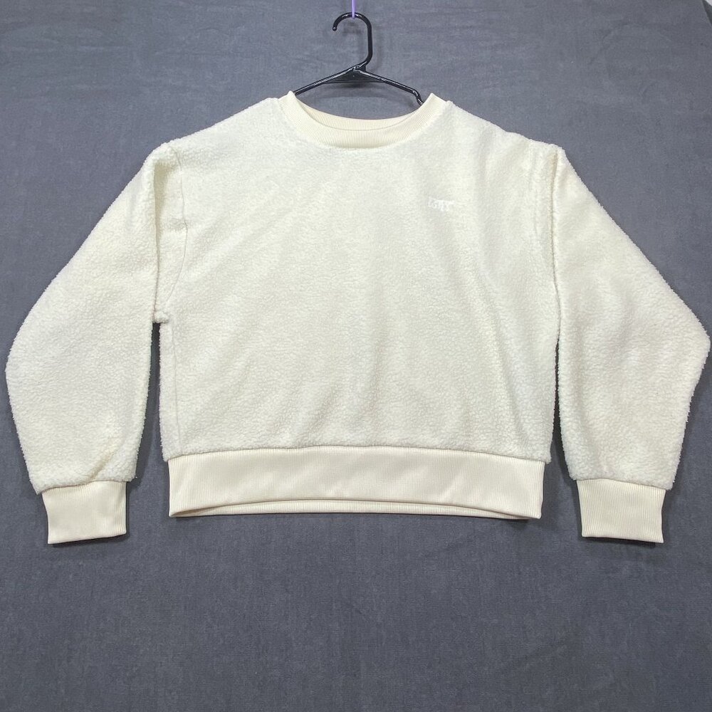 Levis Womens Ivory Sherpa Fleece Crewneck Pullover Cropped Sweatshirt Size XS